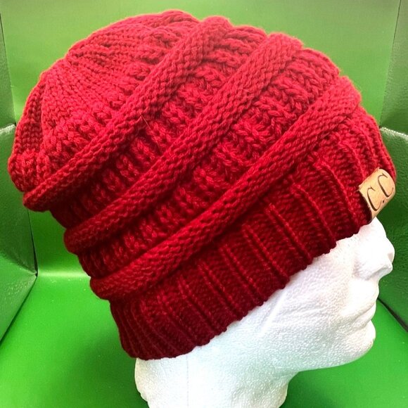 C.C. Exclusives Beanie Red Slouchy Ribbed Acrylic Knit Cuffed Fall Winter Hat - Picture 4 of 8